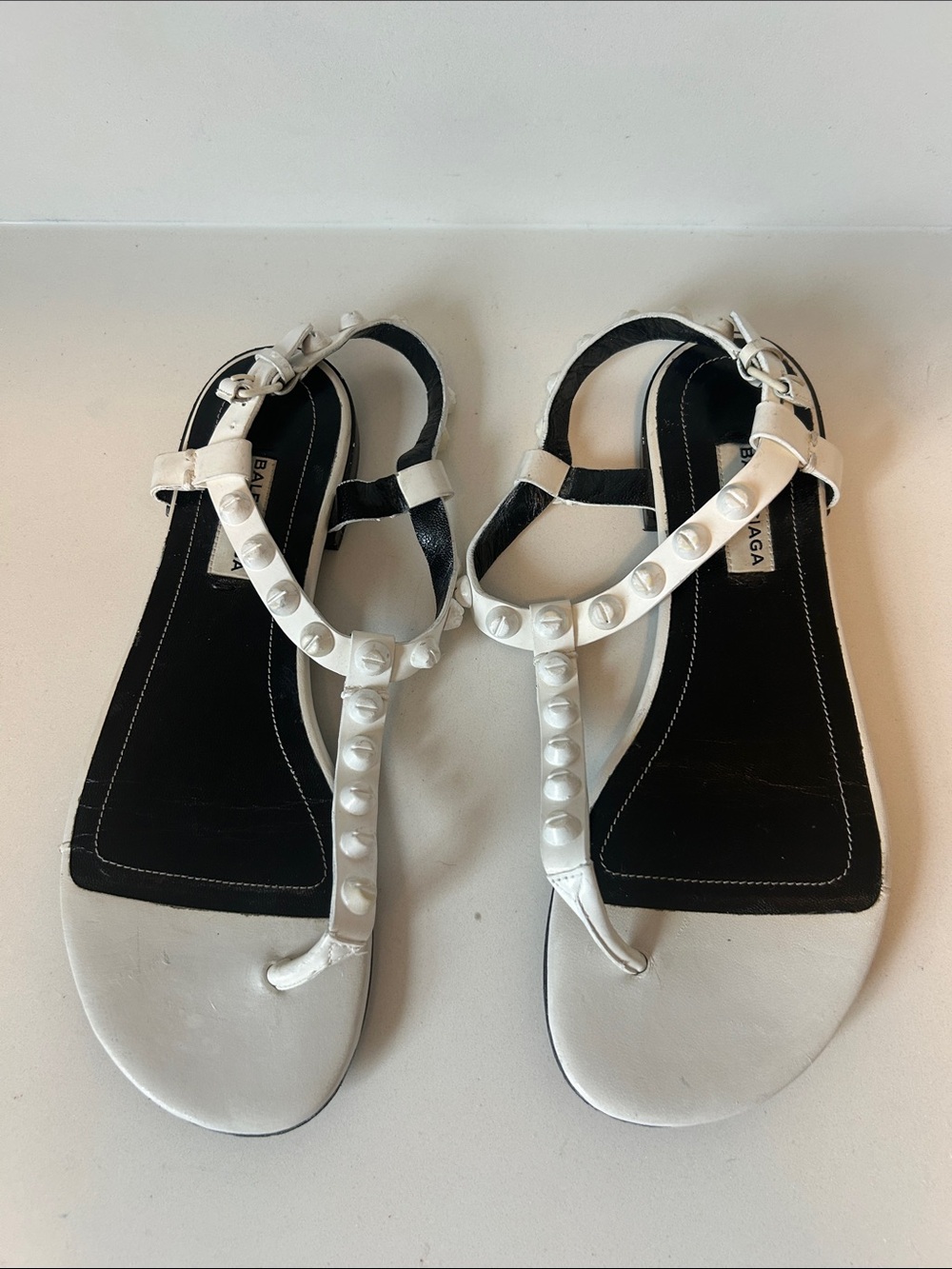 Balenciaga White Studded T-Strap Sandals